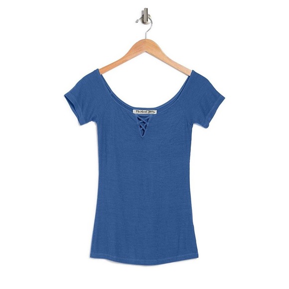 Michael Stars Tops - Michael Stars Katharine Off-The-Shoulder Strappy Rib-Knit Tee in Indigo